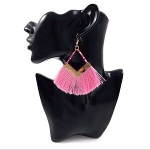 Large gold triangle baby pink tassel fan earrings